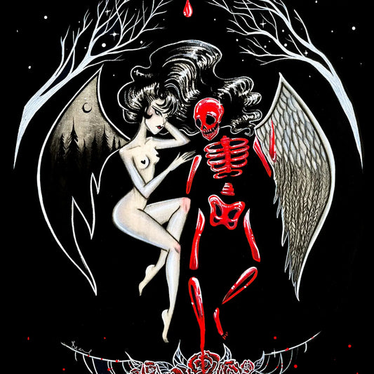 Gothic fantasy artwork featuring a nude woman with dark hair embracing a red skeletal figure with large wings, set against a black background with white trees and stars.