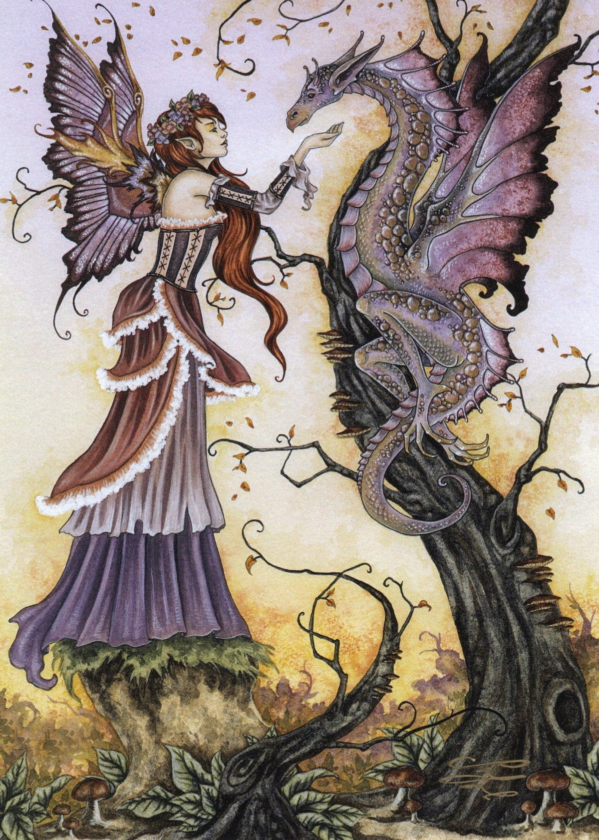 Amy Brown Dragon Charmer fairy mini print featuring a fairy in an ornate brown and purple gown reaching toward a purple dragon coiled around an autumn tree