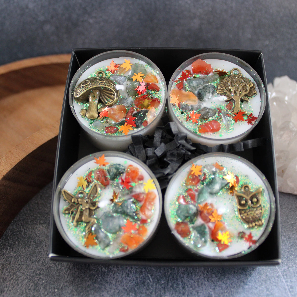 Enchanted Forest Crystal Tealight Set | Fairy Mushroom Owl Candles | Mystical Gift