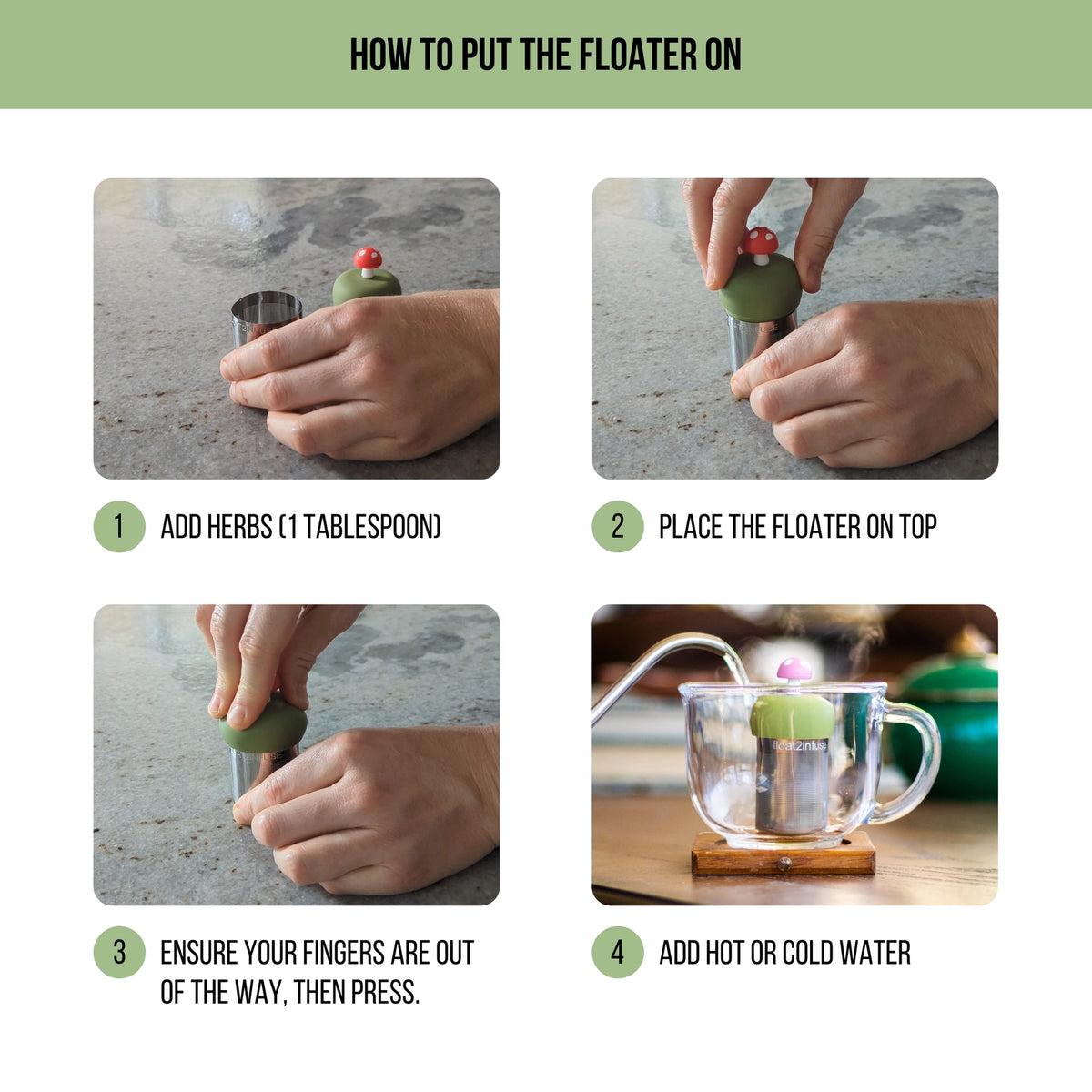 Step-by-step guide on how to put a tea infuser float on a cup.