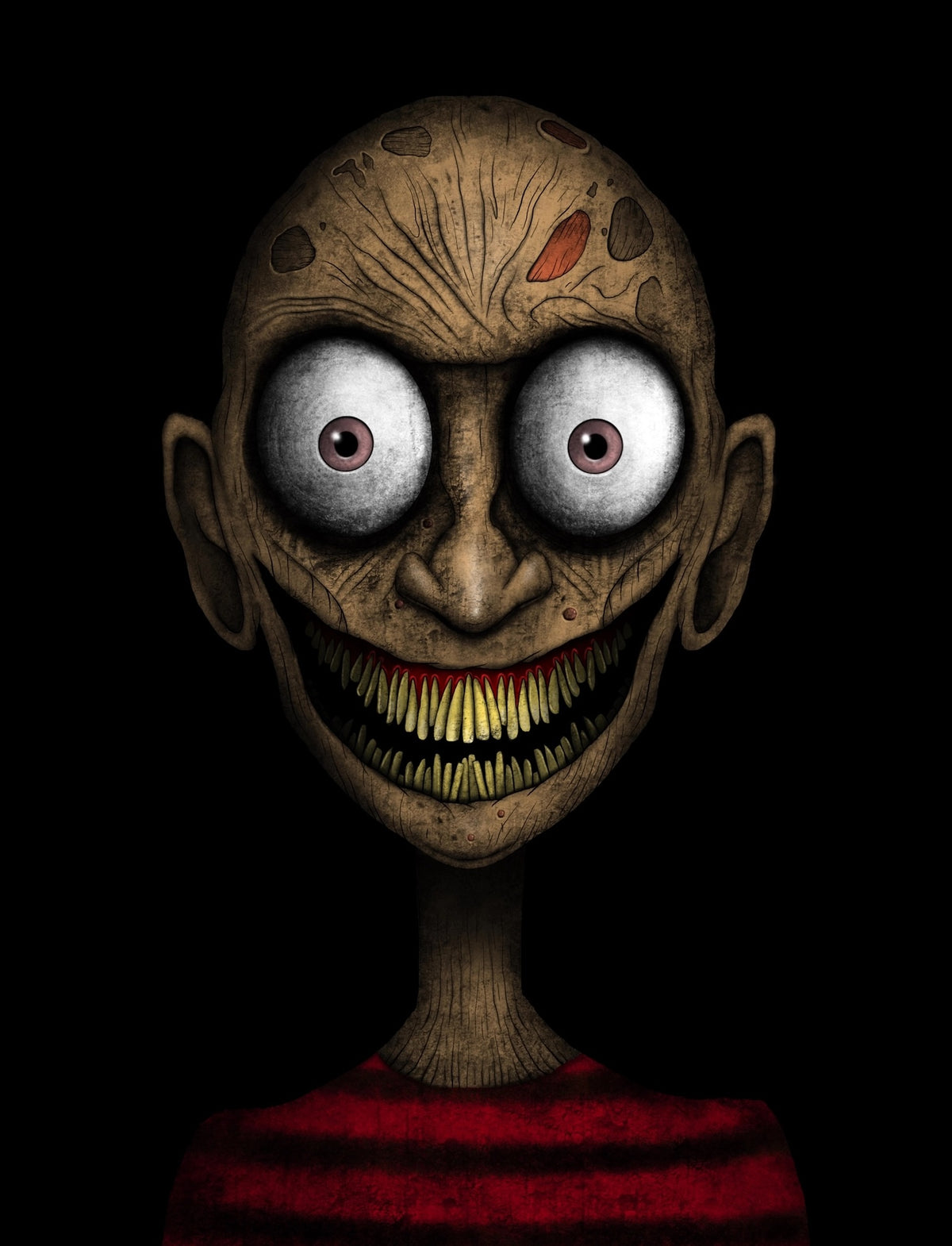 A creepy horror character portrait on a black background, featuring a bald, scarred head with oversized white eyes and a wide grin showing yellowed teeth, wearing a red striped shirt.