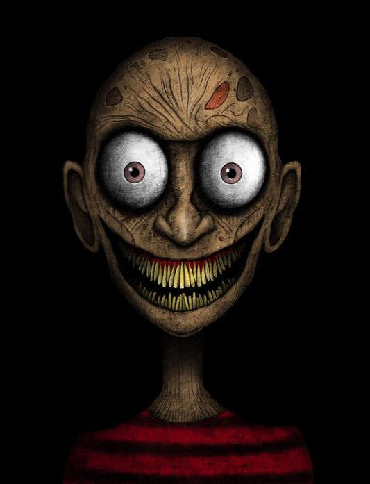 A creepy horror character portrait on a black background, featuring a bald, scarred head with oversized white eyes and a wide grin showing yellowed teeth, wearing a red striped shirt.