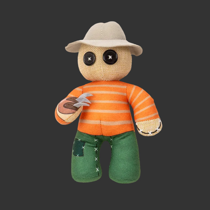 Freddy Krueger Pinhead Monster Plush toy with button eyes, orange striped shirt, green patched pants, and claw glove, horror collectible plush