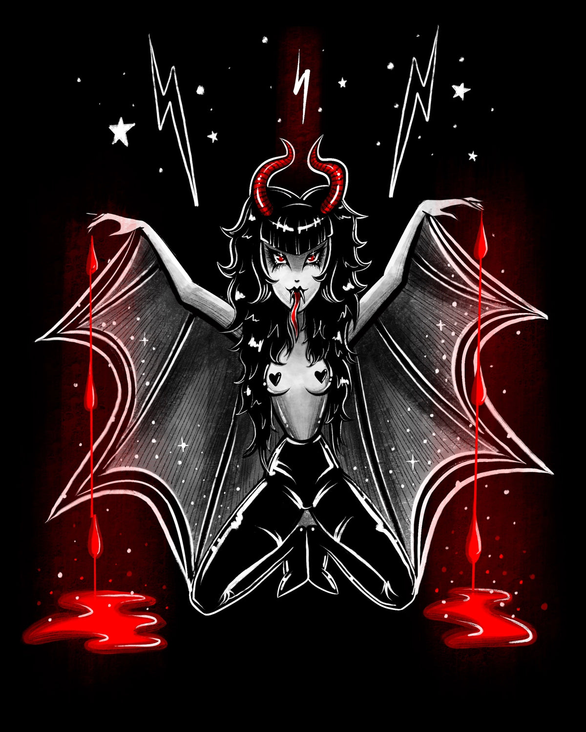 Illustration of a demon-like character with bat wings on a black background