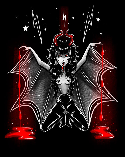 Illustration of a demon-like character with bat wings on a black background