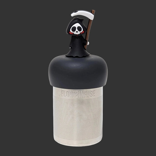 Tea infuser with grim reaper design on a white background