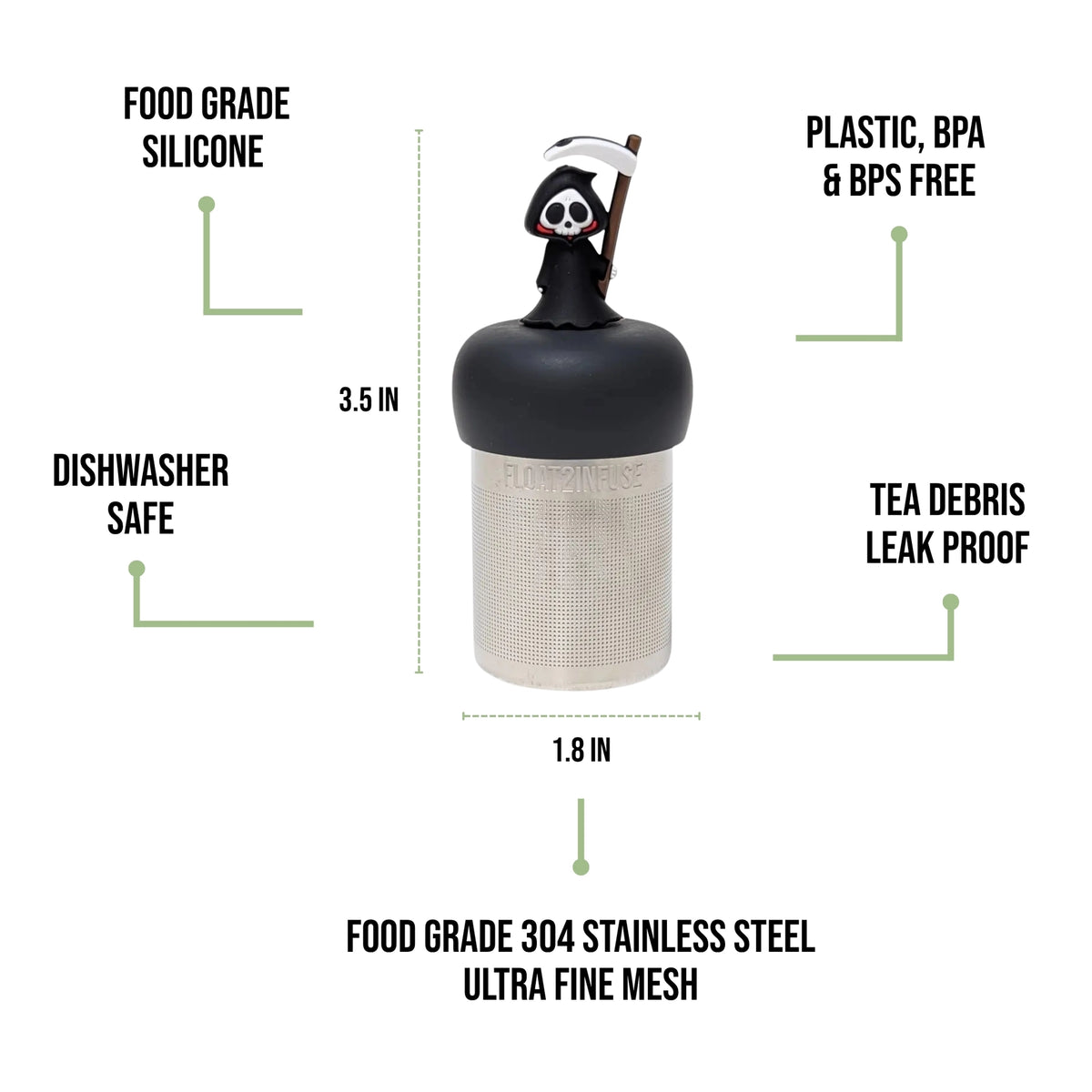 A tea infuser with a black silicone Grim Reaper  top and a silver stainless steel mesh body, shown on a white background with text callouts detailing its features and dimensions.