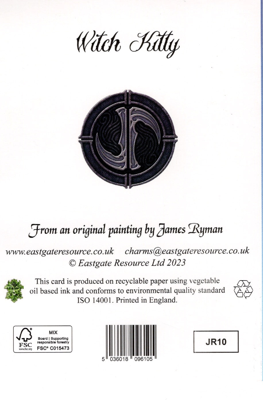 Back of a Witch Kitty collectible card featuring a black circular illustration with a cat motif, printed on white cardstock with publisher details, barcode, and recycling icons.