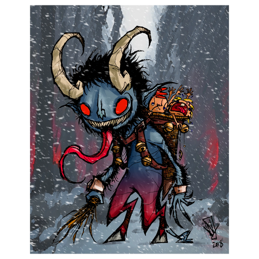 A stylized fantasy illustration Krampus,  a horned blue creature with glowing red eyes and a long red tongue carrying a small child-like figure, set against a snowy gray background with red light streaks.