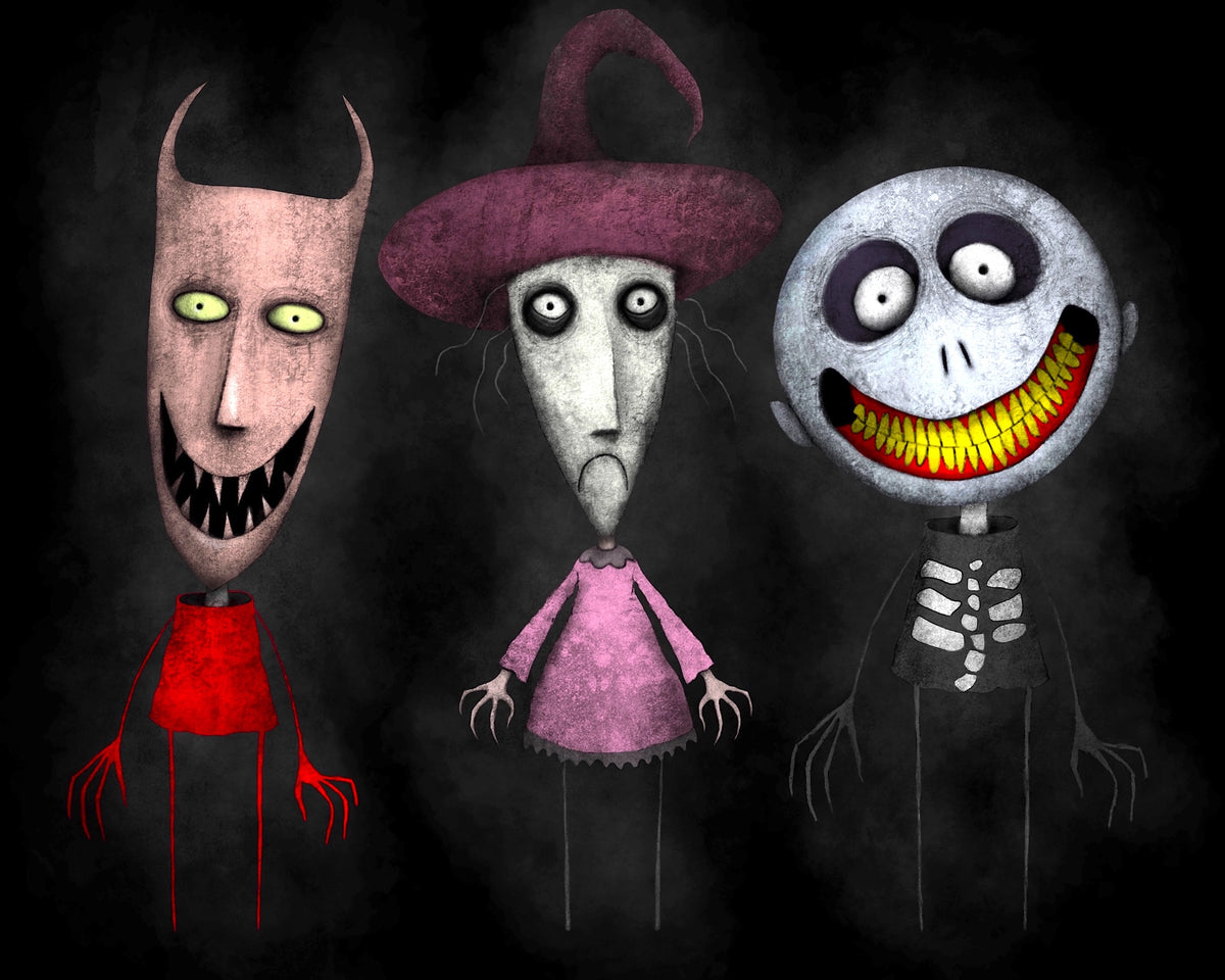 Three stylized horror cartoon characters on a dark smoky background: a pale pink devil-like figure with green eyes and a red shirt, a gray witch-like figure in a purple hat and pink dress, and a gray skeleton-like figure with a wide yellow grin.