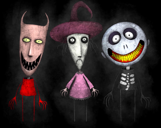 Three stylized horror cartoon characters on a dark smoky background: a pale pink devil-like figure with green eyes and a red shirt, a gray witch-like figure in a purple hat and pink dress, and a gray skeleton-like figure with a wide yellow grin.