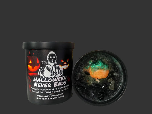 Halloween-themed candle with decorative Michael Myers packaging on a black surface.