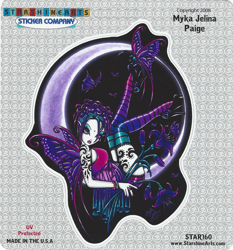 A die-cut sticker featuring an illustrated fairy with purple wings and a black-and-white cat under a crescent moon, shown on a patterned Starshine Arts background. Visible text includes Starshine Arts, Myka Jelina Paige, copyright 2008, and product code STAR160.