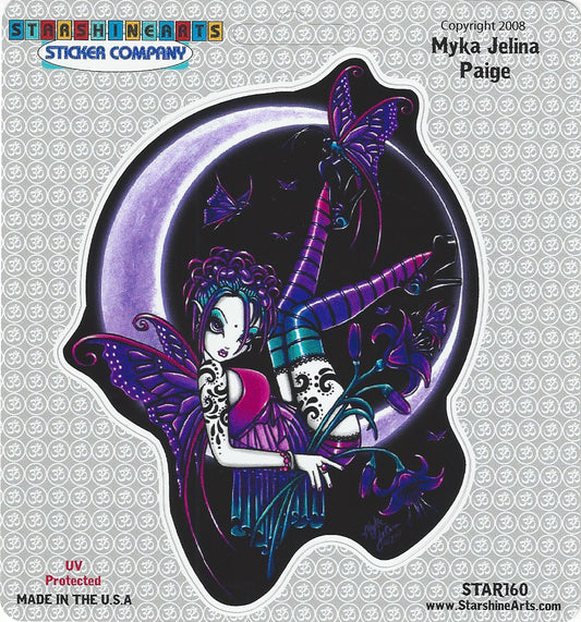 A die-cut sticker featuring an illustrated fairy with purple wings and a black-and-white cat under a crescent moon, shown on a patterned Starshine Arts background. Visible text includes Starshine Arts, Myka Jelina Paige, copyright 2008, and product code STAR160.