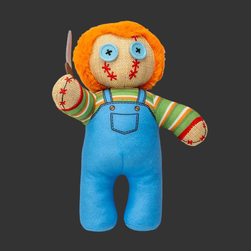 Chucky Pinhead Monster Plush with orange yarn hair, blue button eyes, red embroidered scars, striped shirt, denim overalls, and fabric knife, horror collectible plush toy