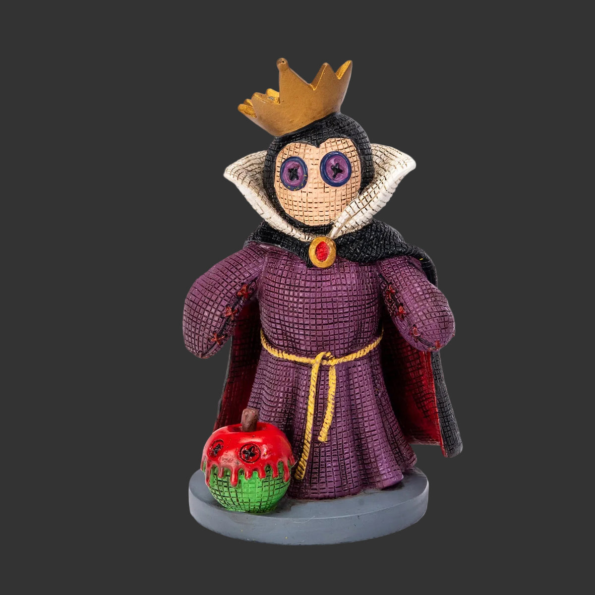 Evil Queen Pinhead Monster figurine by Ruben Macias, creepy cute hand-painted resin collectible with button eyes, purple gown, gold crown, and poisoned apple