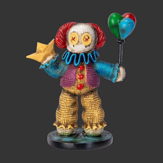 Colorful Pinhead Monster Pennywise clown cold cast resin figurine with balloons and a star on a black background