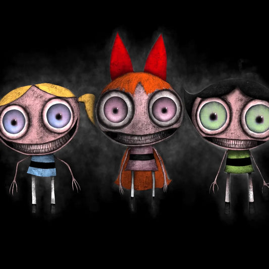 Creeptoons dark horror art print of the Powerpuff Girls reimagined as decayed creatures with hollow black eyes, cracked skin, and wide unsettling grins on a black background