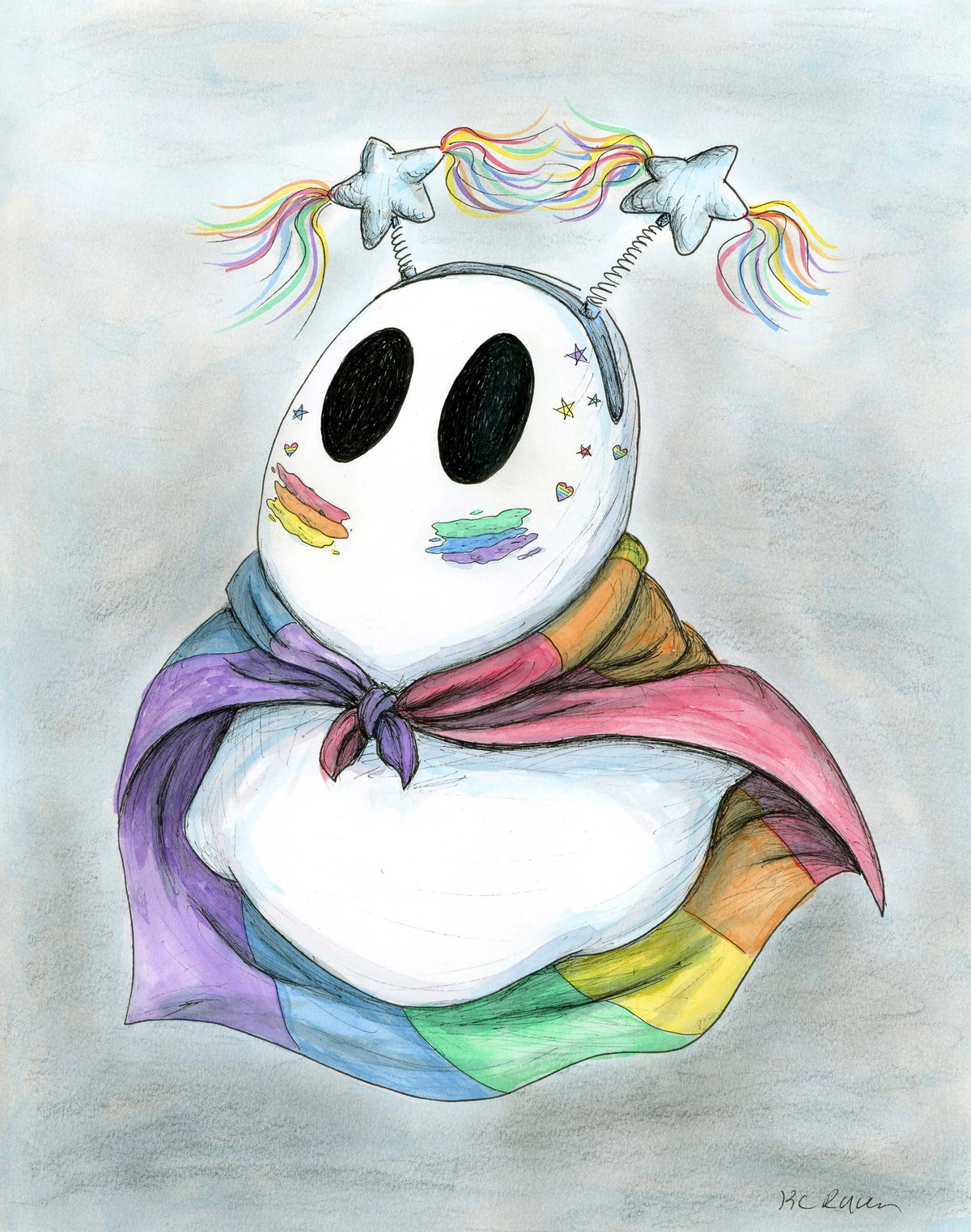 A whimsical illustration of a white ghost-like character with large black oval eyes, rainbow pride-colored hair and face accents, and a rainbow cape, centered on a soft gray background.