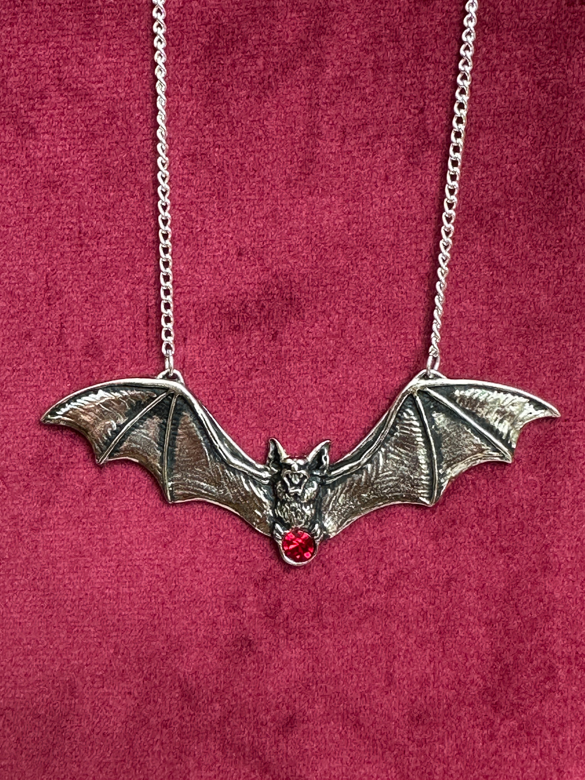 Vampire Bat Necklace – Gothic Pewter Pendant with Red Swarovski Crystal
