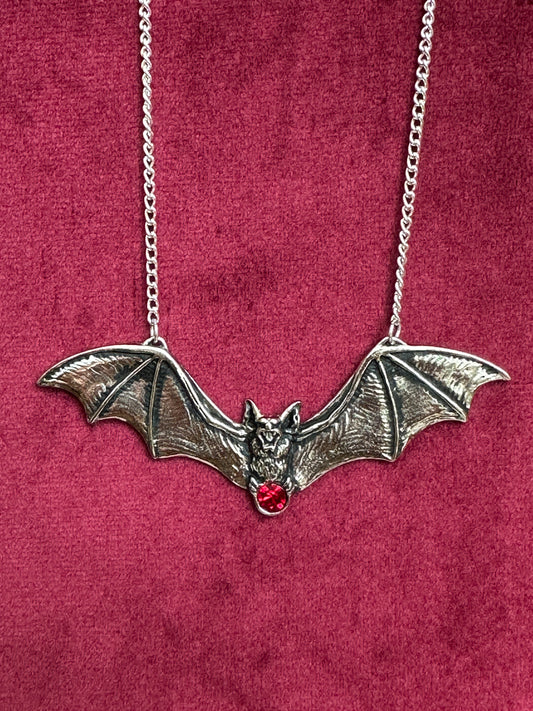 Vampire Bat Necklace – Gothic Pewter Pendant with Red Swarovski Crystal