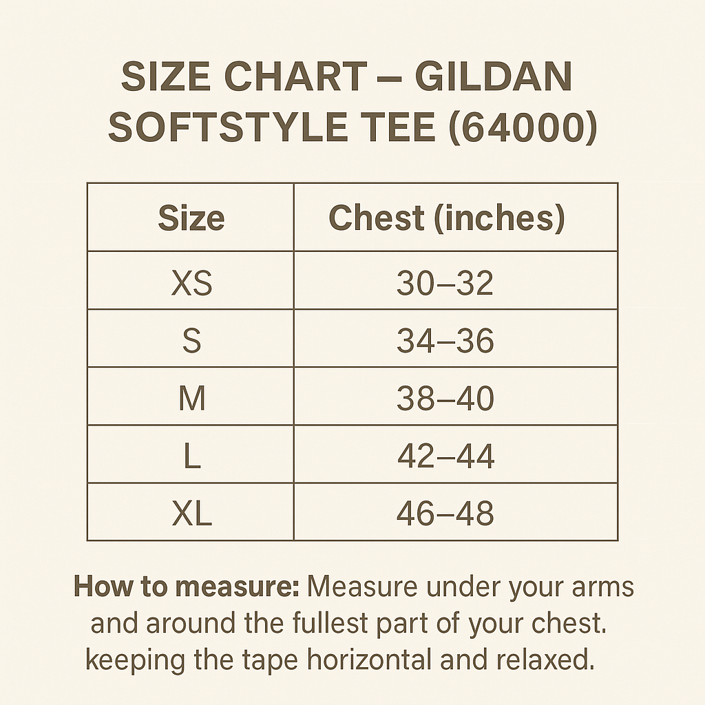 Size chart graphic for a Gildan Softstyle TEE (64000) showing chest measurements in inches by size from XS to XL, with a small measurement guide at the bottom.