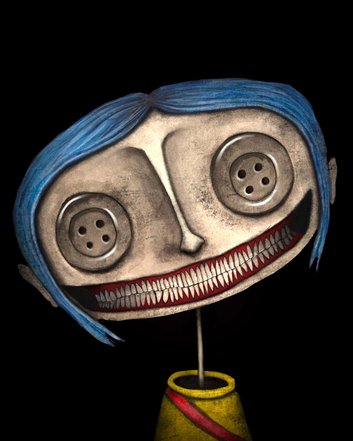 A stylized horror character head sculpture or mask with blue hair, large button-like eyes, a wide toothy grin, and a yellow base, shown against a black background.