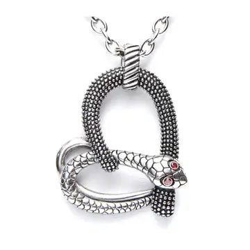 A silver-toned snake pendant necklace with textured scales, a coiled design, and small red gemstone eyes, shown on a plain white background.