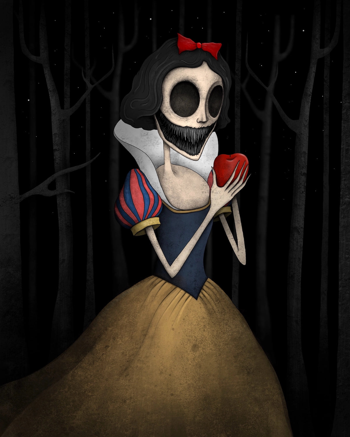 Creeptoons dark horror art print of Snow White reimagined as a skeletal figure with hollow black eye sockets, a wide jagged grin, holding a blood red apple in a dark haunted forest