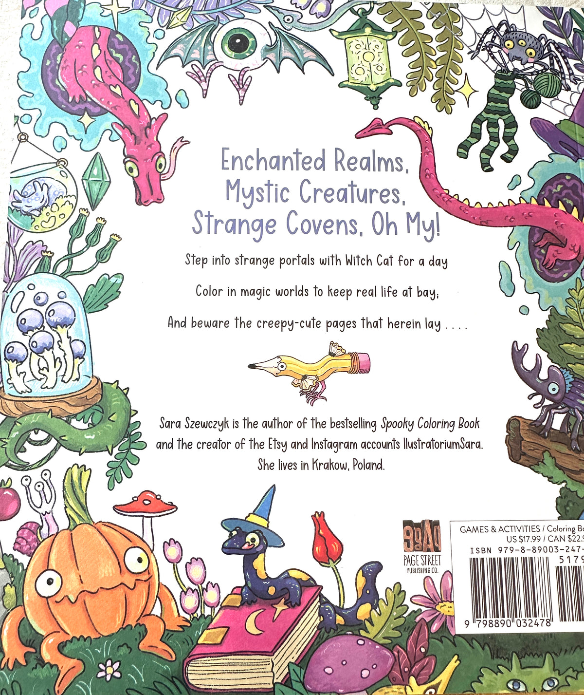 Back cover of a children's coloring book titled 'Enchanted Realms, Mystic Creatures, Strange Covers, Oh My!' featuring whimsical illustrated monsters, mushrooms, a witch cat, and fantasy creatures around border-style sections with text and a barcode.