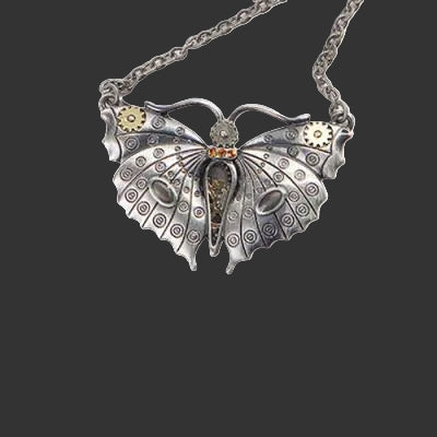 A steampunk-style butterfly pendant necklace on a silver chain, featuring intricate metalwork with gears, spirals, and small gold-toned accents on a white background.