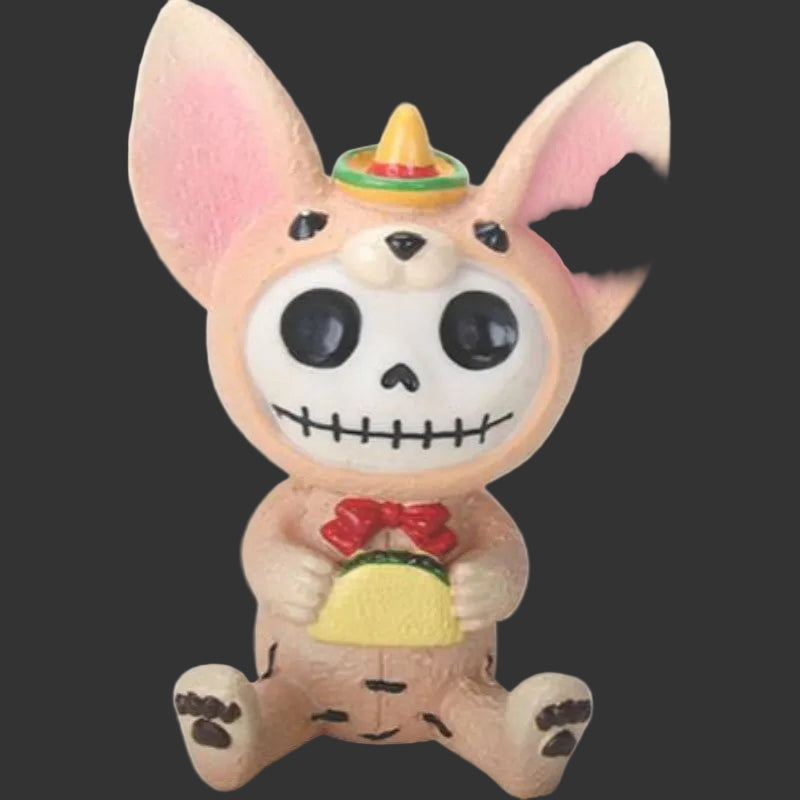 Small chihuaua collectible furrybones skeleton dress in taco costume with sombrero on his head, red bow time and taco in his hand. 