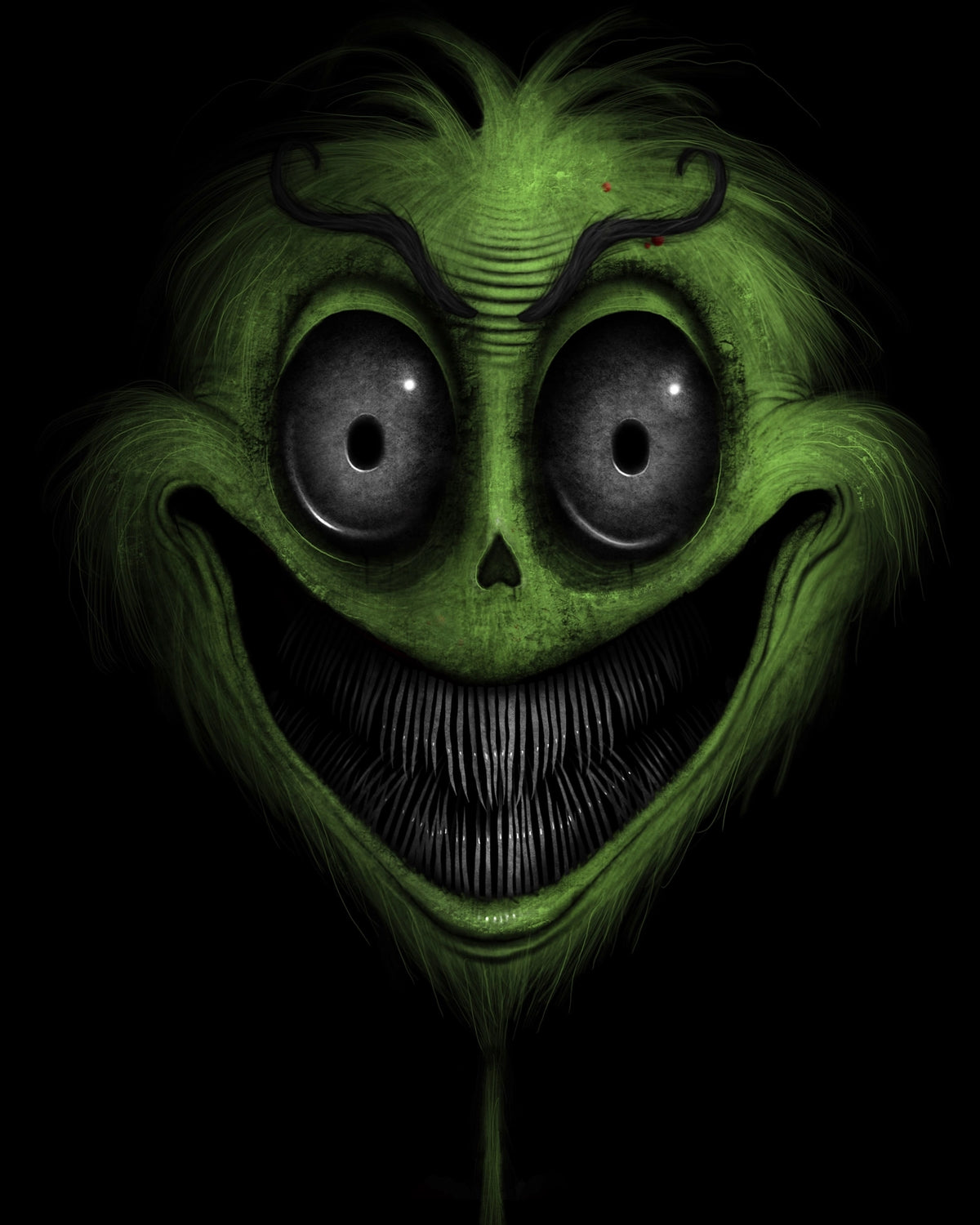 Creeptoons dark horror art print of the Grinch reimagined with hollow dead eyes, cracked green fur, a wide rotting grin, and gothic decay on a black background
