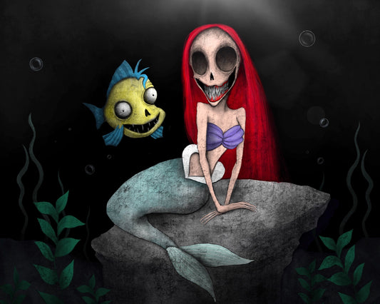 Creeptoons dark horror art print of Ariel from The Little Mermaid reimagined as a skeletal mermaid with hollow black eye sockets, a wide jagged grin, red hair, perched on a rock in a dark underwater scene with a ghoulish Flounder