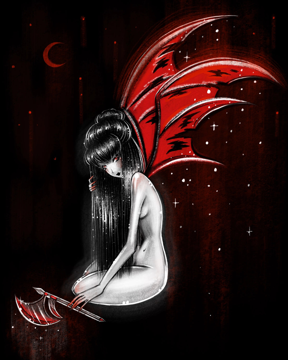 Dark fantasy artwork of a seated nude woman with long black hair, red bat-like wings, pale skin, and a red-and-black axe, set against a black background with stars and a crescent moon.