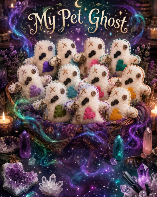 A collection of white felt pet ghost dolls with embroidered faces and colorful hearts, arranged in a basket surrounded by crystals, candles, and magical sparkles under the text 'My Pet Ghost'.