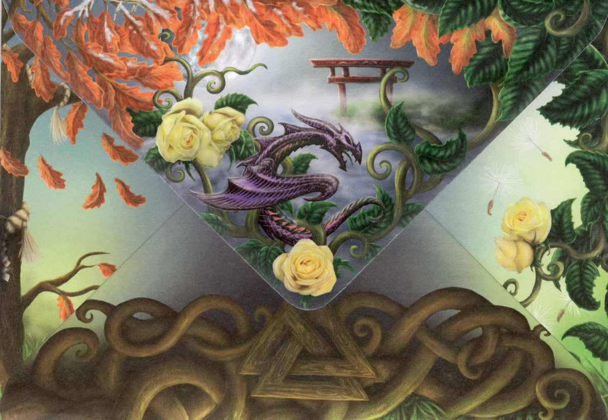 Fantasy art print featuring a purple dragon coiled around yellow roses, framed by green leaves and orange autumn leaves, with a torii gate in the background and a Celtic knot design at the bottom.