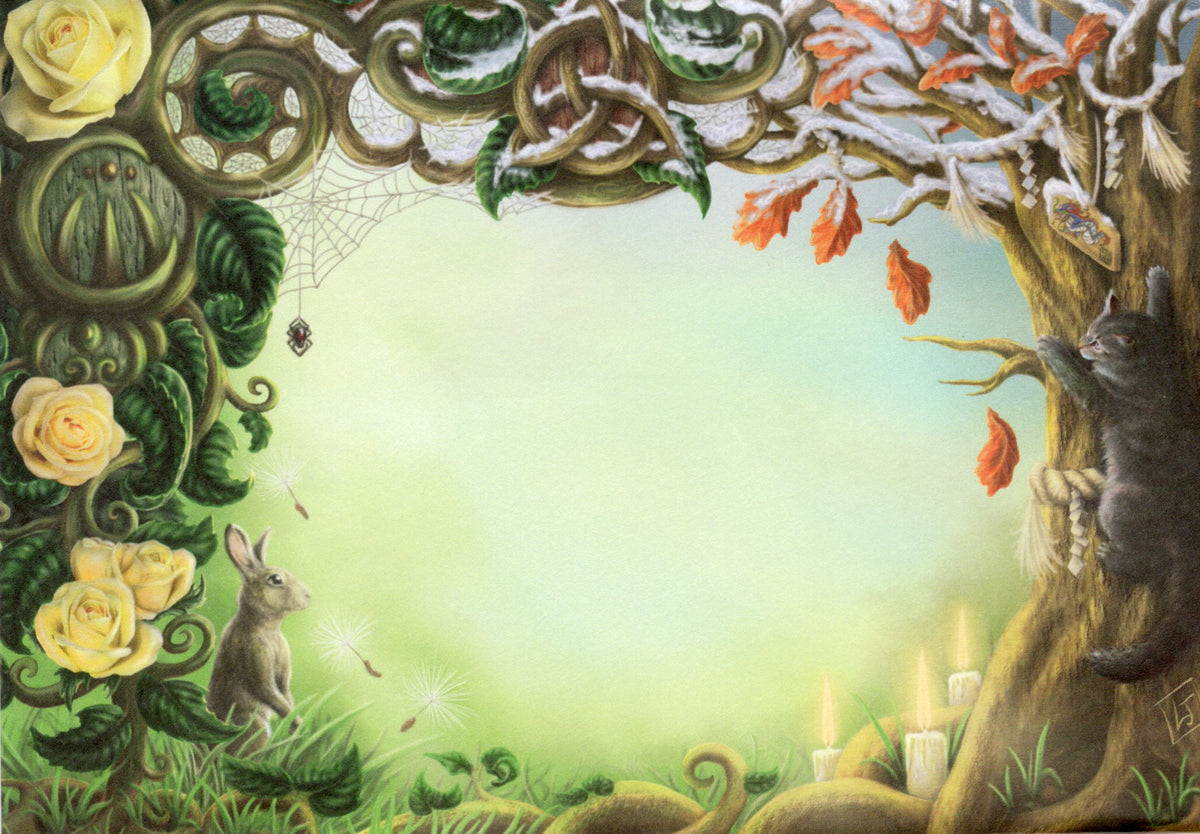 A whimsical fantasy illustration featuring a decorative tree branch border with yellow roses, a gray cat climbing a tree, a rabbit, candles, and a pale green glowing center.