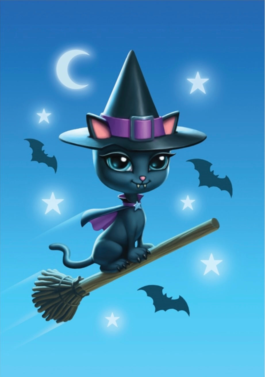 A cute greeting card with a Halloween black cat wearing a witch hat and cape, sitting on a broomstick against a blue night sky with stars, bats, a crescent moon, and a small sun - artist James Ryman.