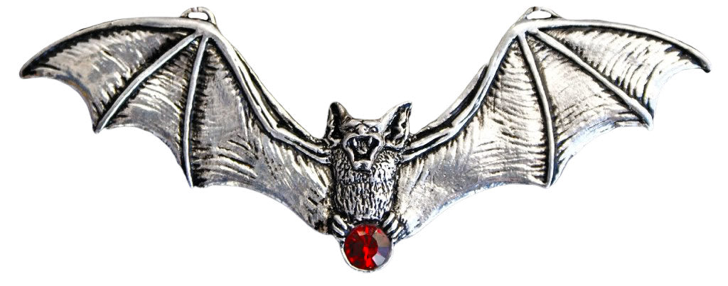 Vampire Bat Necklace – Gothic Pewter Pendant with Red Swarovski Crystal