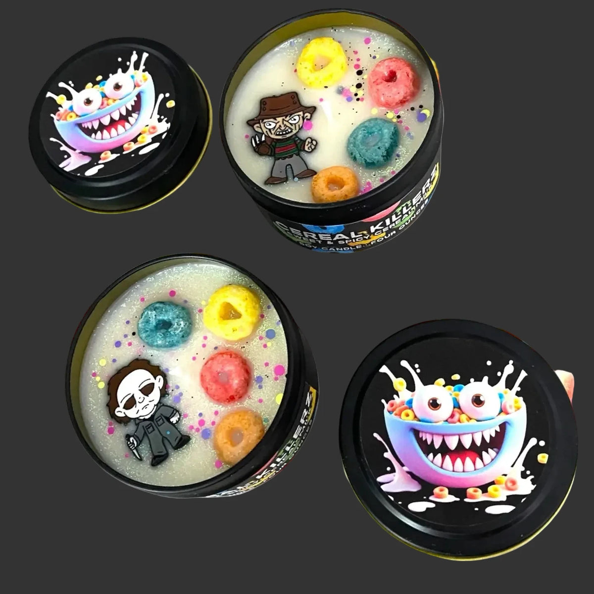 Two round black tins with lids filled with creamy white wad  and decorated with colorful cereal ring candies and cartoon monster charms, arranged on a white background with scattered cereal pieces. Two lids are shown with printed monster graphics.
