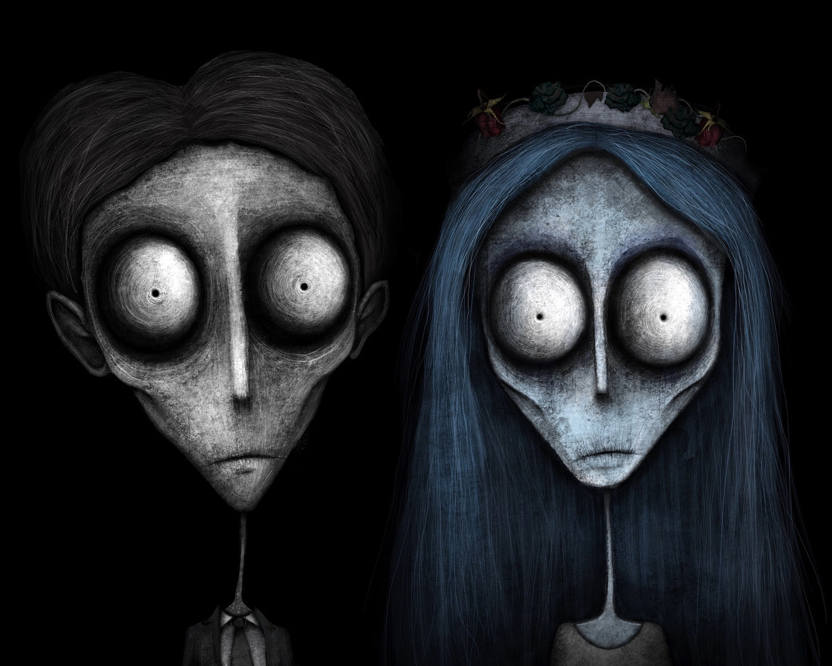 Creeptoons dark horror art print of Victor and Emily from Corpse Bride reimagined with hollow sunken eyes, elongated skulls, decayed textures, and gothic decay against a pitch black background"