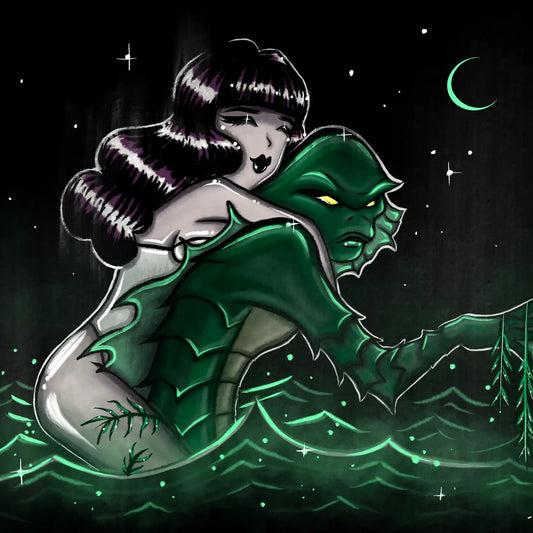 A stylized illustration of a woman with dark hair embracing a green sea monster rising from water at night, with stars and a crescent moon in the background.