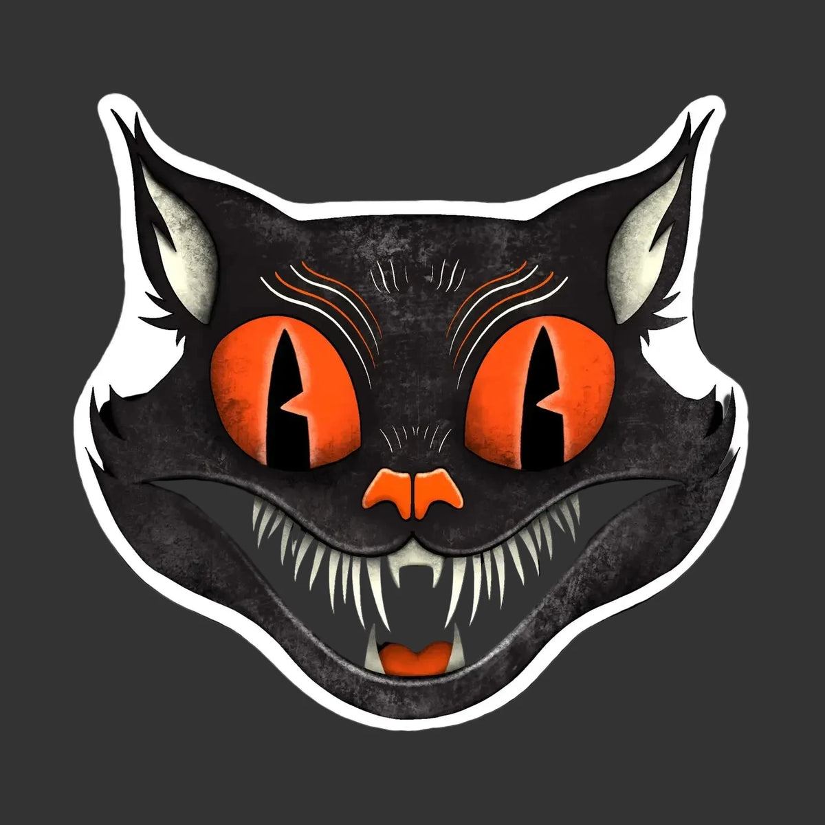 A stylized black cat head illustration with glowing orange eyes, sharp white teeth, and a white border on a black background.