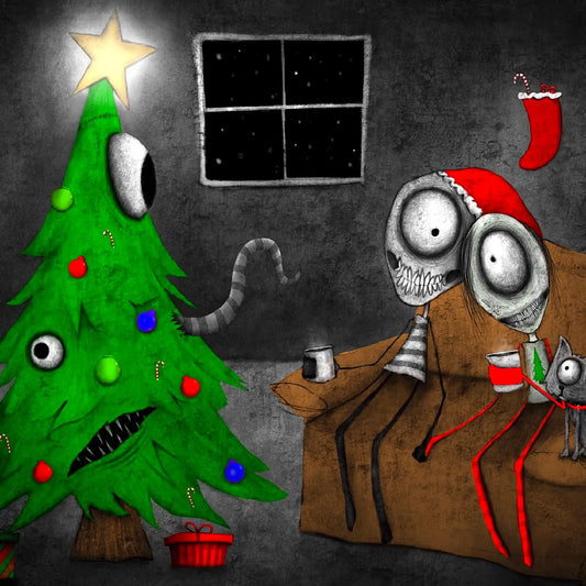 A dark, whimsical holiday illustration showing a green Christmas tree with a big cartoon eye and red/blue ornaments on the left, next to a gray armchair with a skeleton-like figure wearing a Santa hat and long red legs. A stocking hangs from the wall, a star shines above the tree, and a small gray cat sits on the armchair holding a mug.