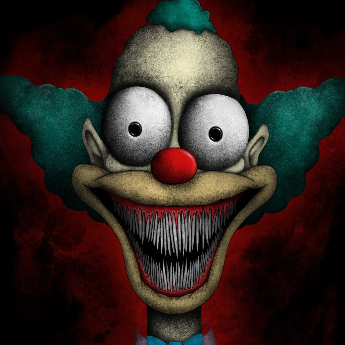 A close-up horror Krusty the clown illustration with oversized white eyes, a red nose, a wide grin showing many teeth, and teal hair or hair-like elements against a dark red background.