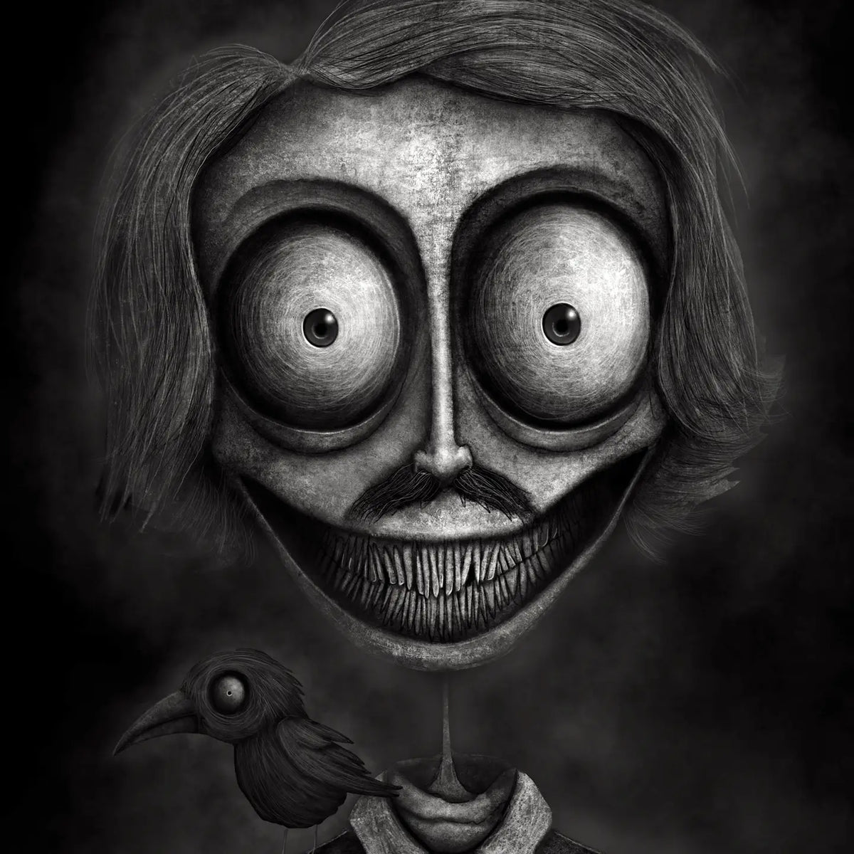 Black and white surreal artwork of a distorted human face with oversized eyes, a small mustache, a severed neck, and a bird perched on the neck against a dark smoky background.