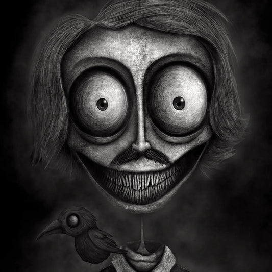 Black and white surreal artwork of a distorted human face with oversized eyes, a small mustache, a severed neck, and a bird perched on the neck against a dark smoky background.