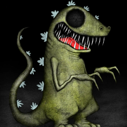 A creepy, green dinosaur-like monster with a large black eye, sharp white teeth, a red tongue, and small pale blue handprints scattered on its back, set against a solid black background.