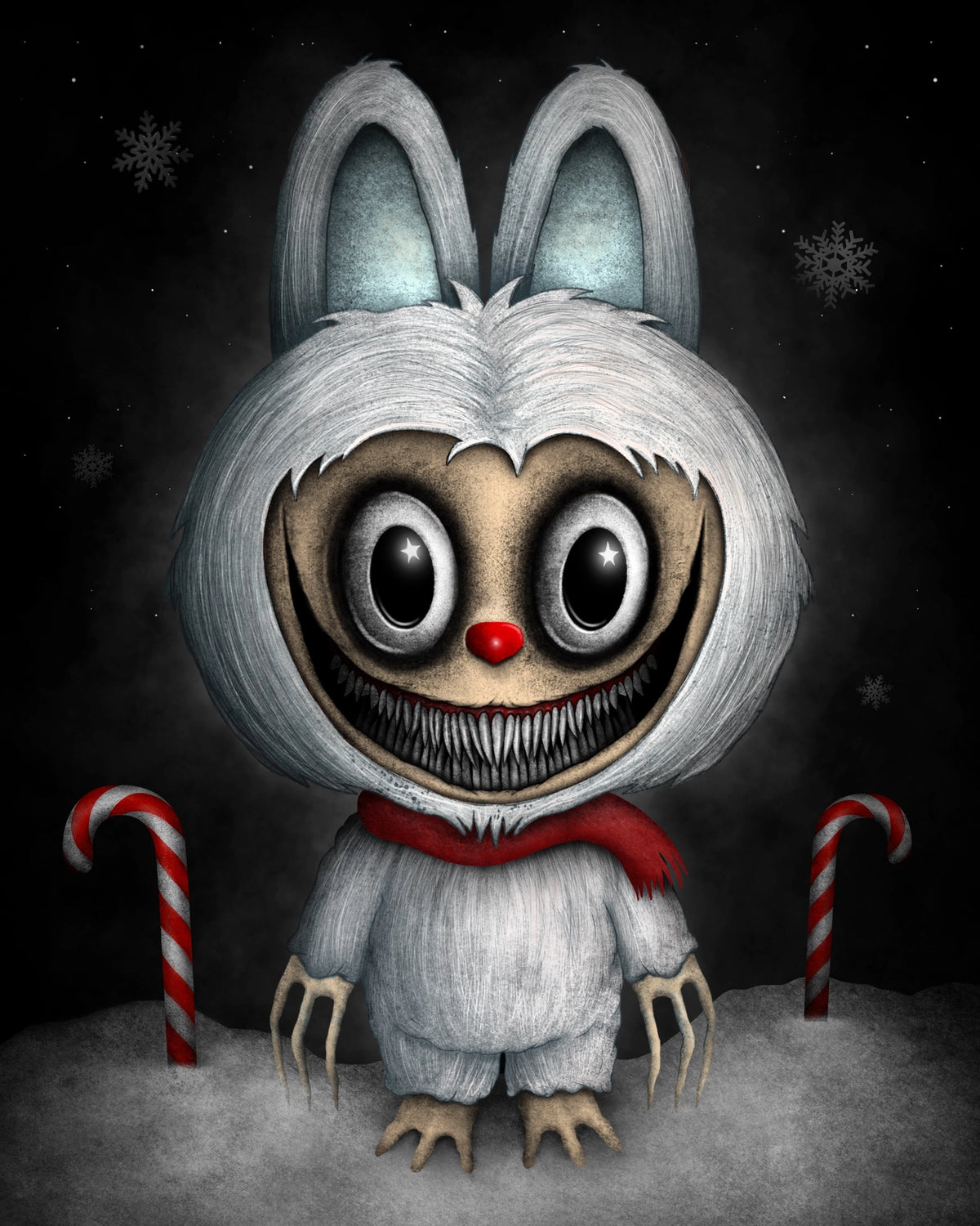 A stylized horror character wearing a white bunny suit with long ears, a red nose, a wide grin with sharp teeth, and a red scarf, standing in snow with candy canes on both sides against a dark night background with snowflakes.